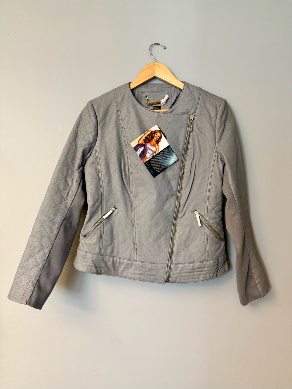 IMAN Gray Quilted Asymmetrical Leather Jacket